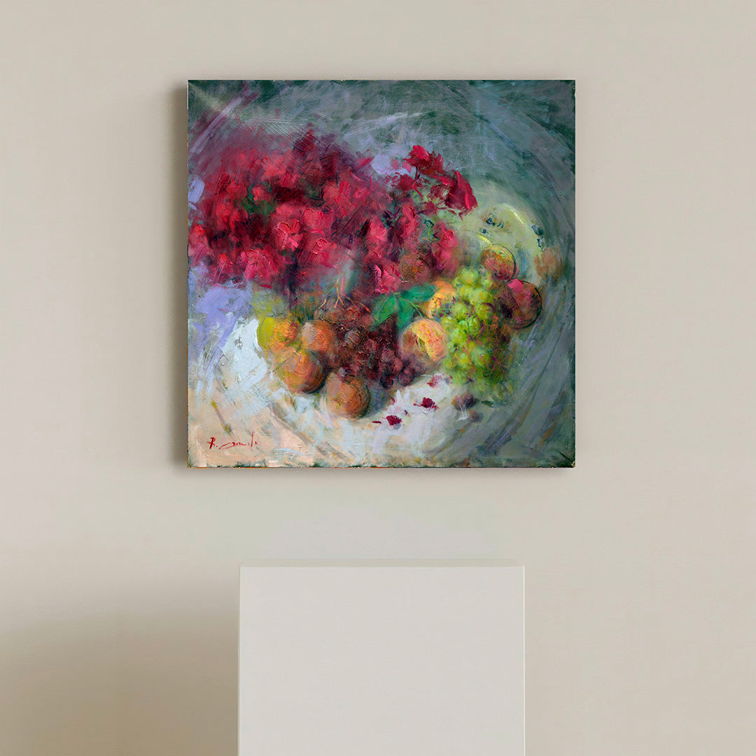 Natura Morta con Fiori Rossi - Oil Painting on Canvas