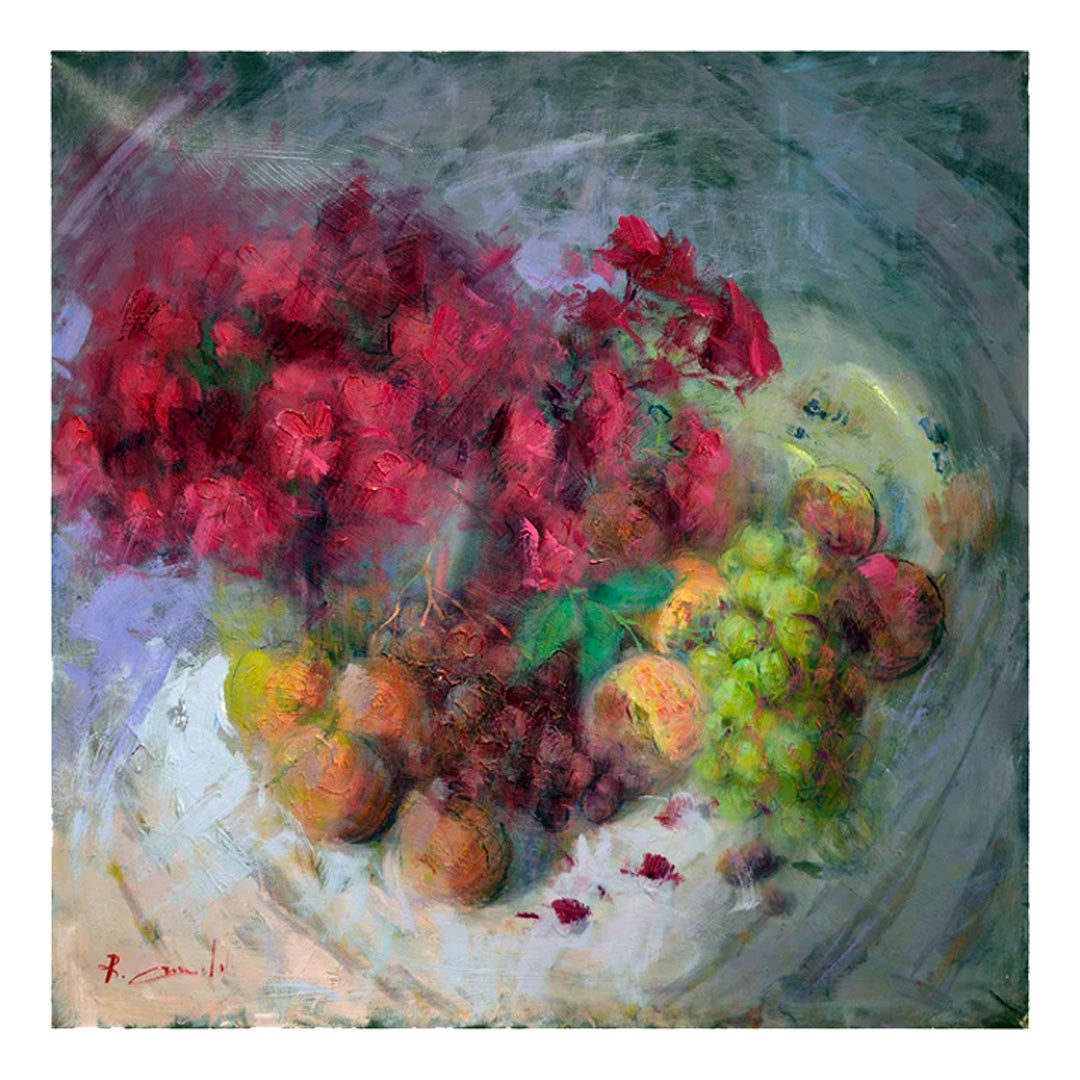 Natura Morta con Fiori Rossi - Oil Painting on Canvas